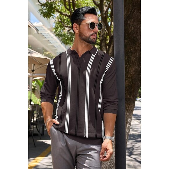 Men's Knit Polo Sweater Long Sleeve Striped Thermal Button Collar Sweater Brown - Picture 7 of 7